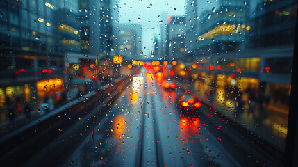 Rainy city street view through a wet window