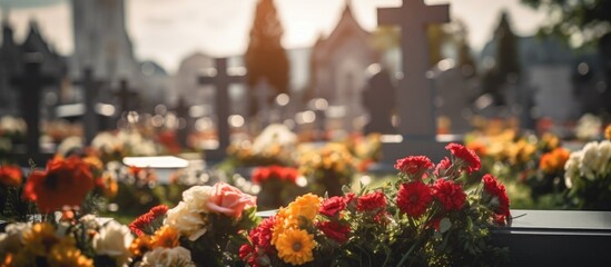 Church and flowers in cemetery - obrazy, fototapety, plakaty