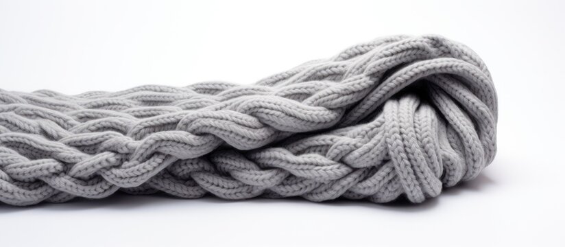 Gray wool scarf on cozy white background with space for text