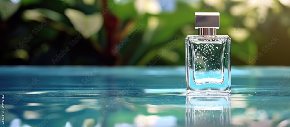 Poster perfume bottle resting on a table