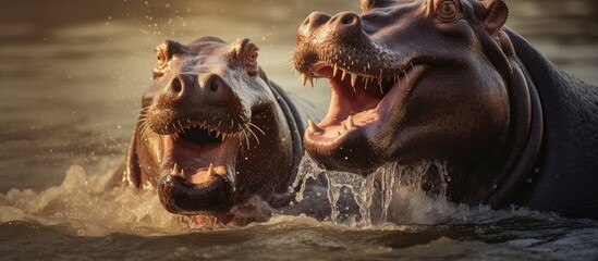 Two hippos with mouths open in water - obrazy, fototapety, plakaty