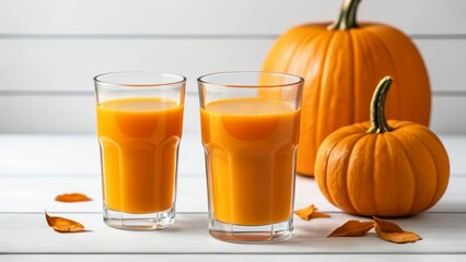  Autumn refreshment  Pumpkin spice latte in glasses with pumpkins and leaves