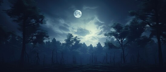 Dark forest moon night sky - obrazy, fototapety, plakaty