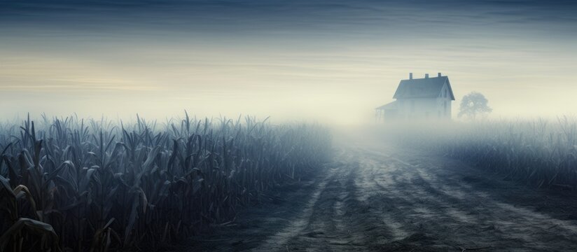 House in distance over foggy corn field