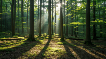 Sunbeams piercing through a lush forest