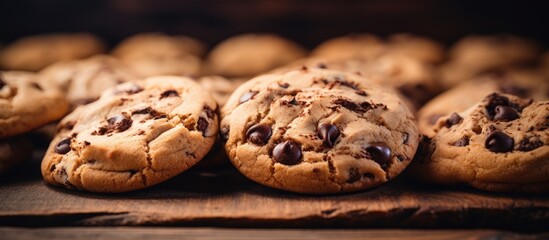 Delicious chocolate chip cookies on wooden surface - Powered by Adobe
