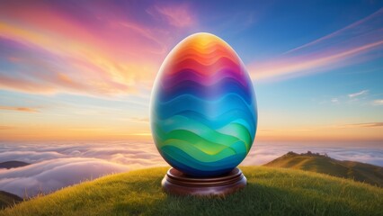 Colorful striped Easter egg standing on a wooden pedestal in a lush green field with a vibrant rainbow and fluffy clouds in the background, symbolizing spring and celebration.