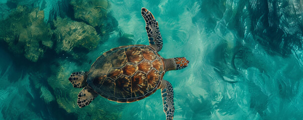 Sea turtle swimming over coral reef in clear blue water - Powered by Adobe