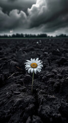 Single daisy blooming in a dark barren soil under dramatic clouds
