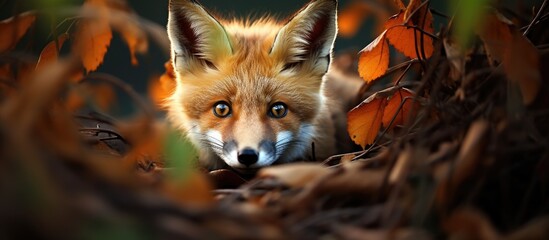Fototapeta premium Urban fox peers through leaves, revealing amber eyes