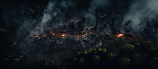 Forest fire blazing amidst trees with smoke - obrazy, fototapety, plakaty