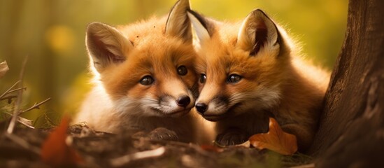 Fototapeta premium Two foxes in woodland setting