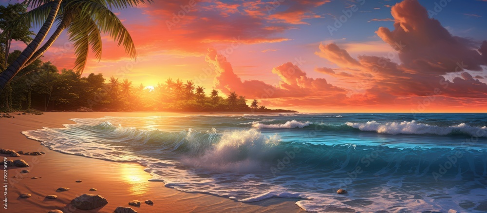 Poster sunset on beach with crashing waves