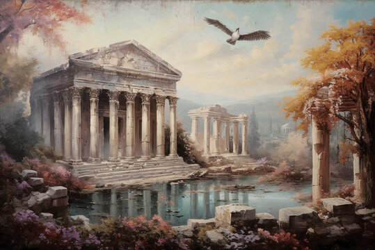 Wallpaper for walls of a natural view of the ruins of an ancient temple in the middle of the dense forest with trees, deer, butterflies, plants and flowers in the style of painting