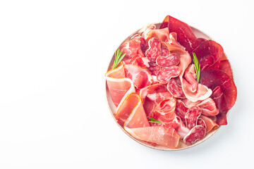 Charcuterie board. Antipasti appetizers of meat platter with salami, prosciutto crudo or jamon and olives. 