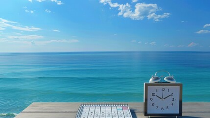 Workspace Essentials: Laptop, Calendar, and Alarm Clock on Desk
