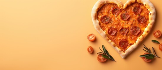 Heart-shaped pizza close-up with tomatoes and herbs