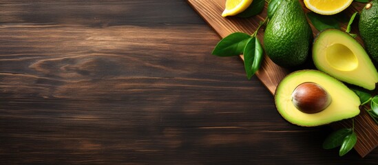 Fototapeta na wymiar Sliced avocado and lemon on wooden board