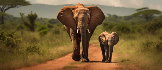 Elephant Duo Trekking Along Dirt Path - obrazy, fototapety, plakaty