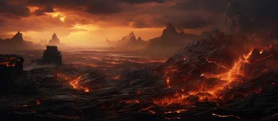 A volcano erupting molten lava flows - obrazy, fototapety, plakaty