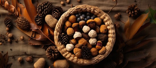 Basket of assorted nuts and leaves on table