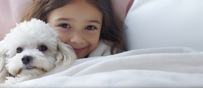 Girl cuddling fluffy toy dog in bed