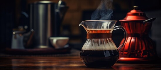Glass coffee carafe filled with hot tea
