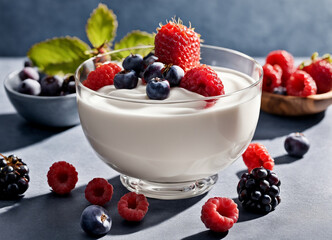 A  creamy yogurt topped with a vibrant assortment of fresh berries.