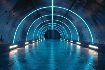 futuristic scifi concrete tunnel with glowing blue lights dark empty underground garage 3d render