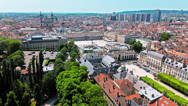 Aerial view of Cultural landmark and Scenic Square in Nancy, France. Place de la Carrière in France. Nancy Cathedral.