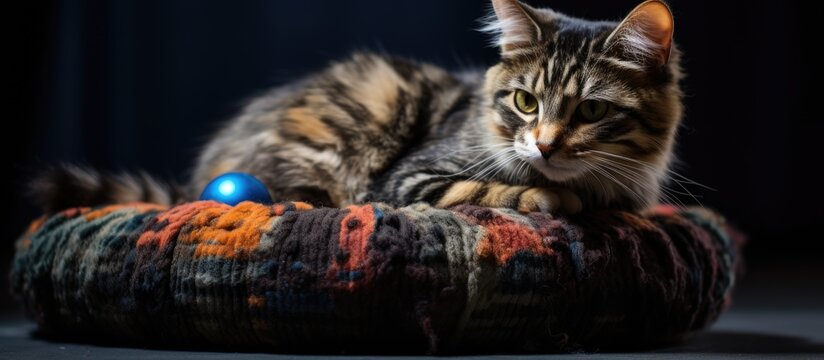 Striped cat lying on a vibrant mat with a blue sphere