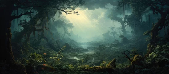 Abwaschbare Fototapete A serene landscape painting of a river flowing through a lush forest © HN Works