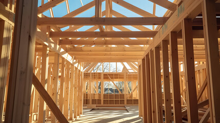  interior view of a wooden house frame under construction , Wooden foundations and columns, future house, preserving the environment, building real estate , dream home, blue sky, sunlight