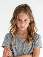 Fillette de 10 ans portant un t-shirt debout les bras crois&eacute;s en col&egrave;re