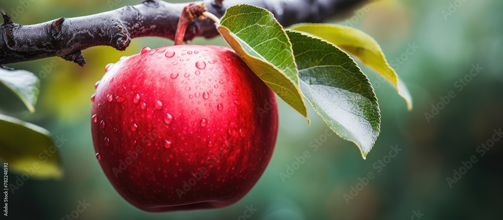 Poster red apple hangs from tree branch with water droplets