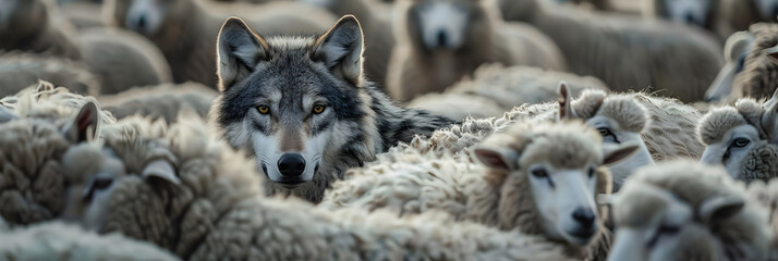 A cunning wolf blends in with sheep representing individuality amidst conformity or concealed threats. Concept Identity, Individuality, Deception, Survival, Blending In - obrazy, fototapety, plakaty
