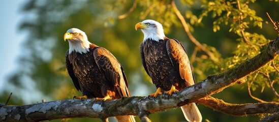 Two majestic eagles perched on tree branch under sunlight