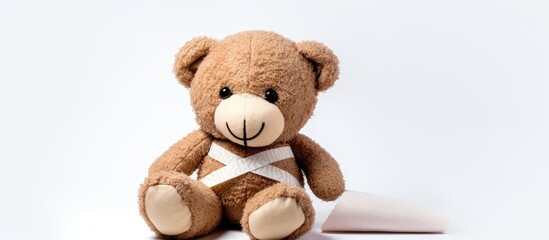 Sick teddy bear with neck bandage on white background