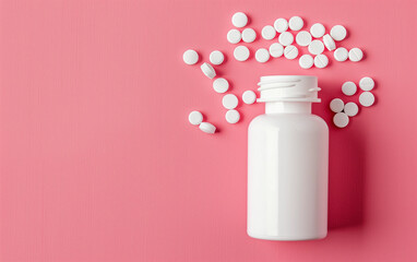 White pill bottle tipped over with pills scattered, pink color background, top view - pill bottle, healthcare medication spill, pharmaceuticals medical supplies.