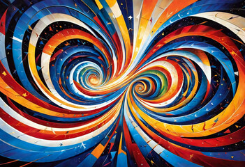 Abstract background showcasing a spiral pattern, dynamic shapes, and vibrant colors.