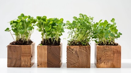 Naklejka premium Different types of microgreen in wooden box or container, basilic, dill sprouts, radishes, peas, healthy food and vegan diet concept, plant on a light background, banner photo, AI generated