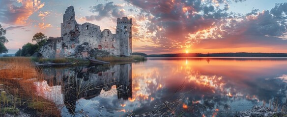 A serene sunset illuminates the ruins of an ancient castle by a tranquil lake, casting reflections on the water’s surface.