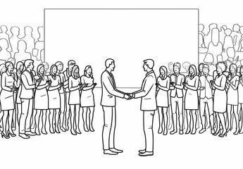 line drawing of business people shaking hands with each other, crowd clapping in the background simple line art style in the style of whiteboard clipart Generative AI