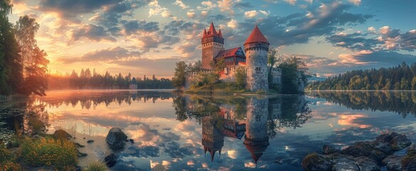 A majestic castle with red roofs and stone walls, reflected in a tranquil lake, surrounded by lush forests under a golden sunset sky.