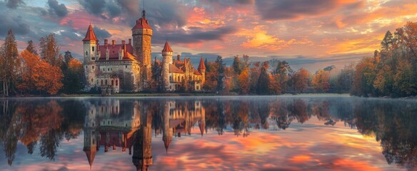 A grand castle by a tranquil lake, enveloped by a lush forest under a golden sunset sky. - obrazy, fototapety, plakaty