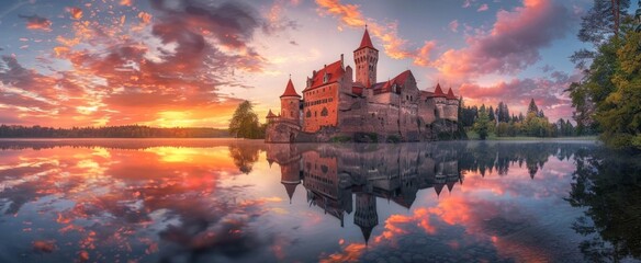 A majestic castle reflected in a tranquil lake, surrounded by lush greenery under a vibrant sunset sky.