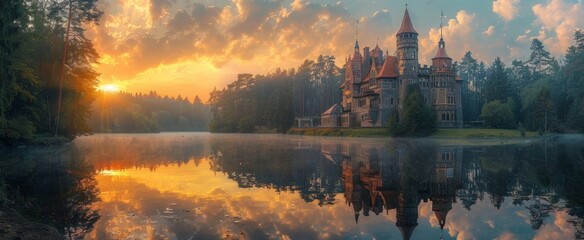A grand castle with multiple spires, nestled by a serene lake, surrounded by lush forests under a golden sunset sky. - obrazy, fototapety, plakaty
