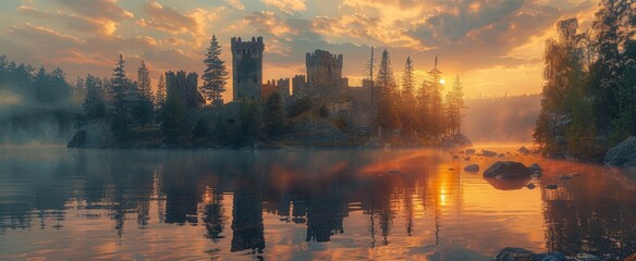 A mystical sunset paints the sky above a serene lake reflecting an ancient stone castle, nestled in a misty forest.
