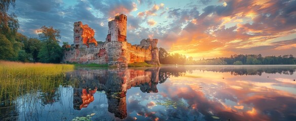 Ancient castle ruins beside a tranquil lake under a vibrant sunset sky. Beautiful natural wallpaper.