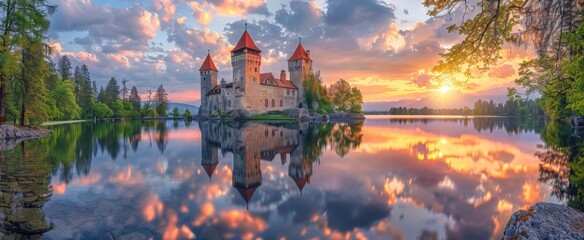 A picturesque castle with red roofs, reflected in a tranquil lake, surrounded by lush greenery under a vibrant sunset sky.